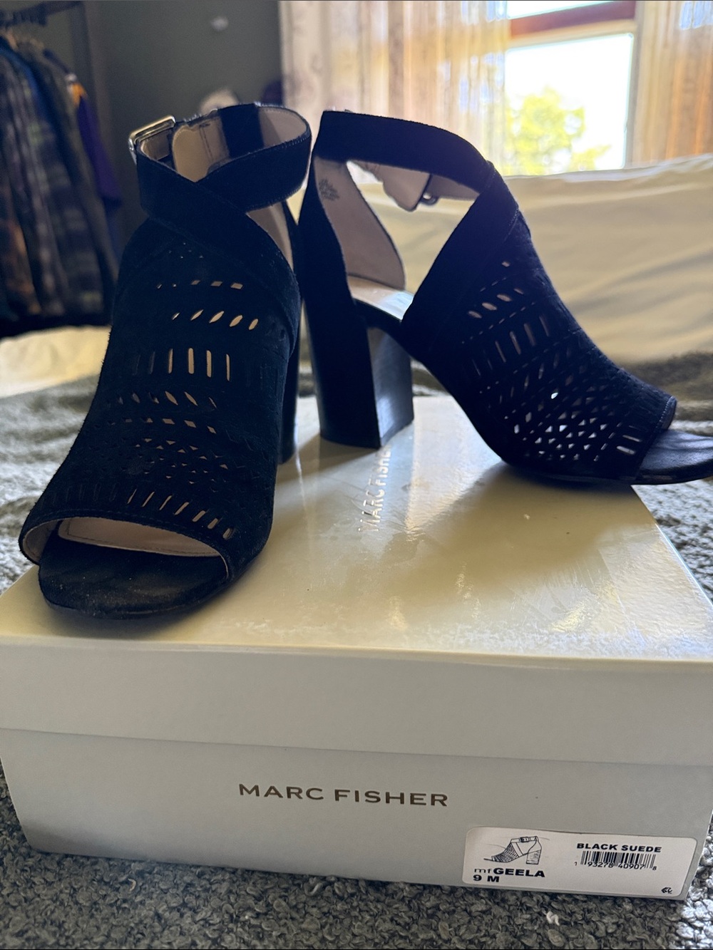 Marc Fisher Black Suede Perforated Block Heel Sandals